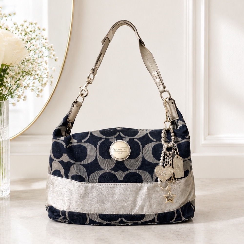 Vintage Y2K Coach Carly Signature Blue Denim Silver Stripe Hobo Satchel Purse
